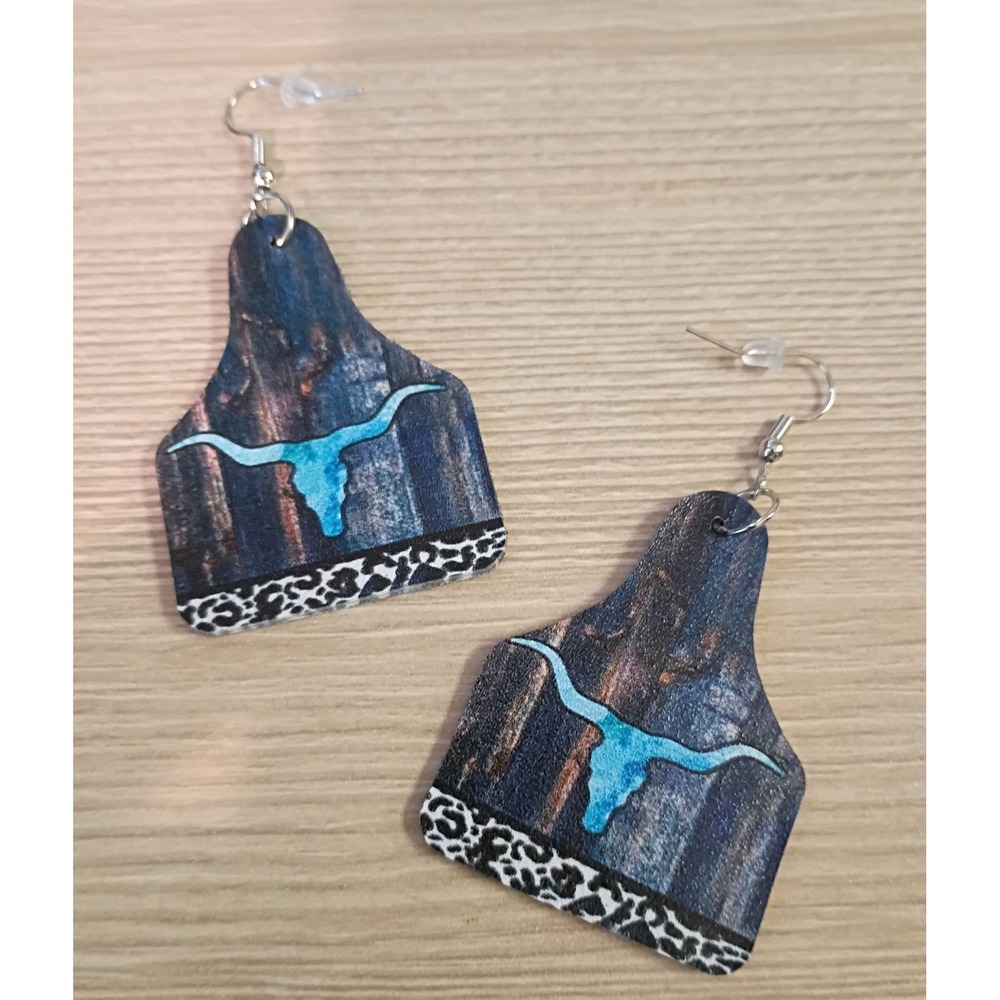 Western Cow Tag Earrings Turquoise Longhorn Skull Leopard Print Boho Dangle
